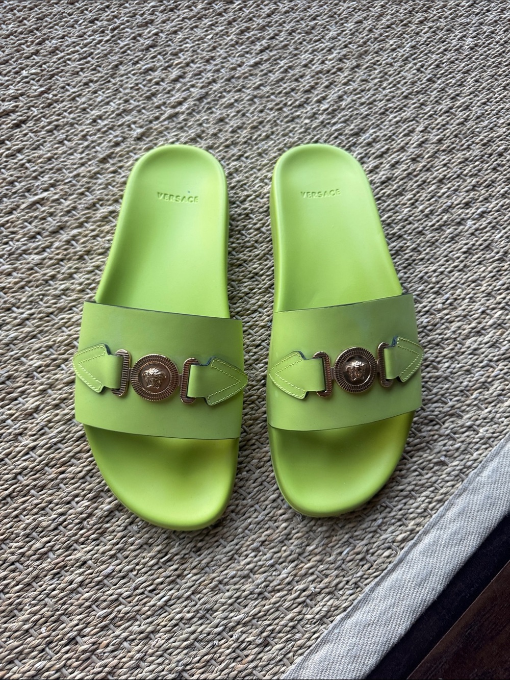 Versace Bright Lime Green Slide Sandals with Gold Medallion